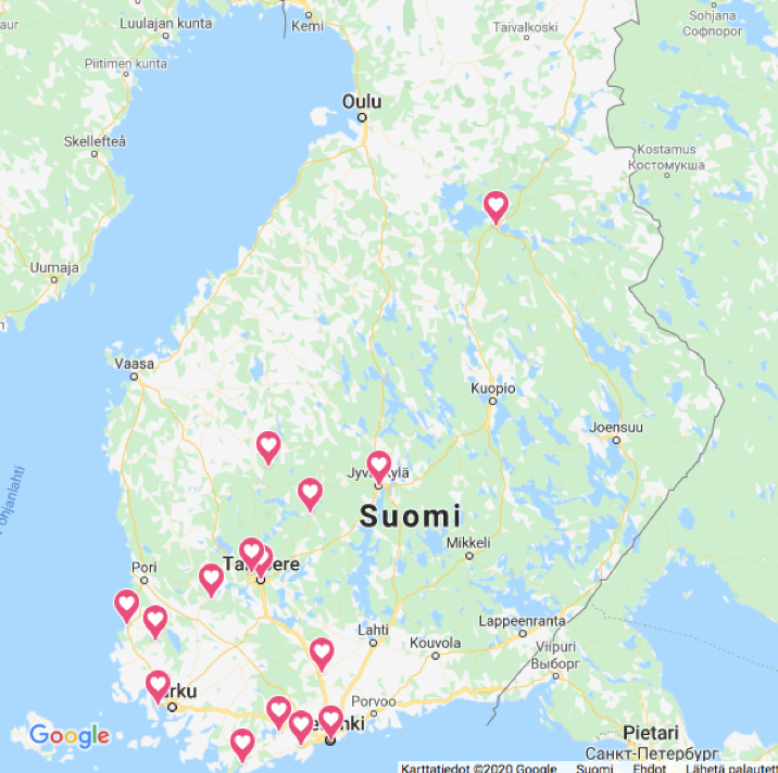 Kuvassa on Suomen kartta, johon on merkitty ne paikkakunnat, joissa on käynnistymässä historiakerho.